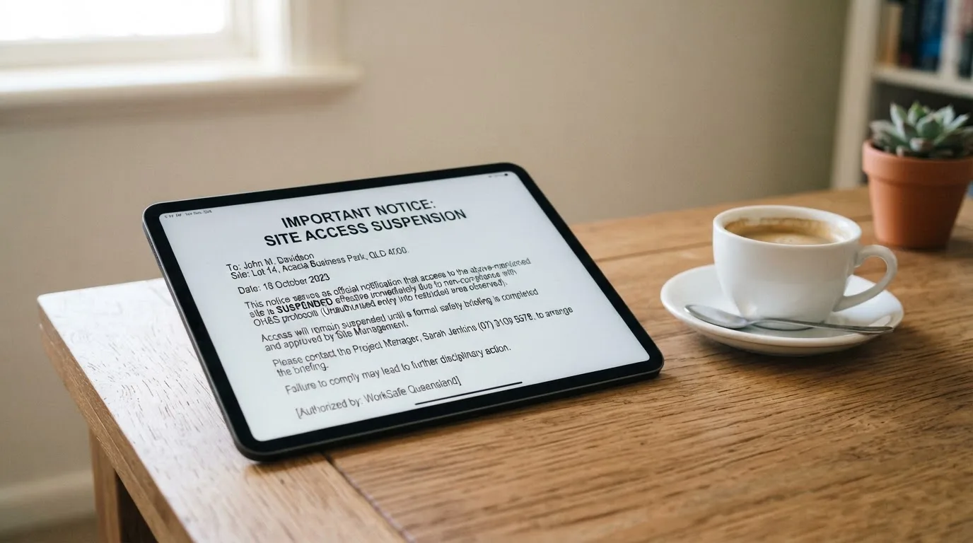 A tablet screen displaying an official regulator warning notice on a desk beside a coffee cup.