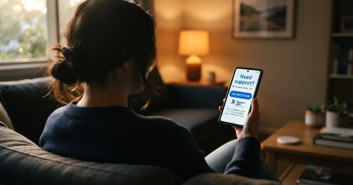 A person looking at a support helpline page on a phone while sitting on a couch.