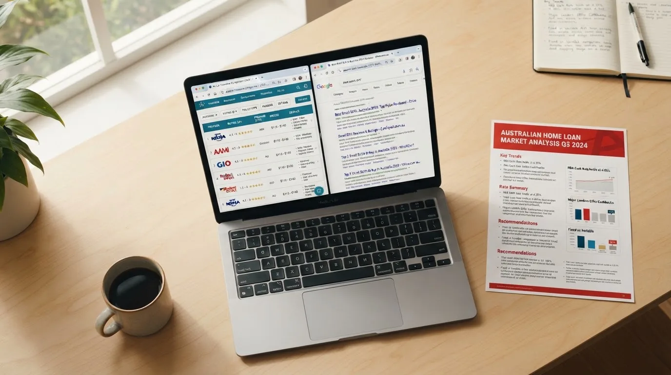 A laptop screen split between two browser tabs, one showing a comparison table and the other a search results page.