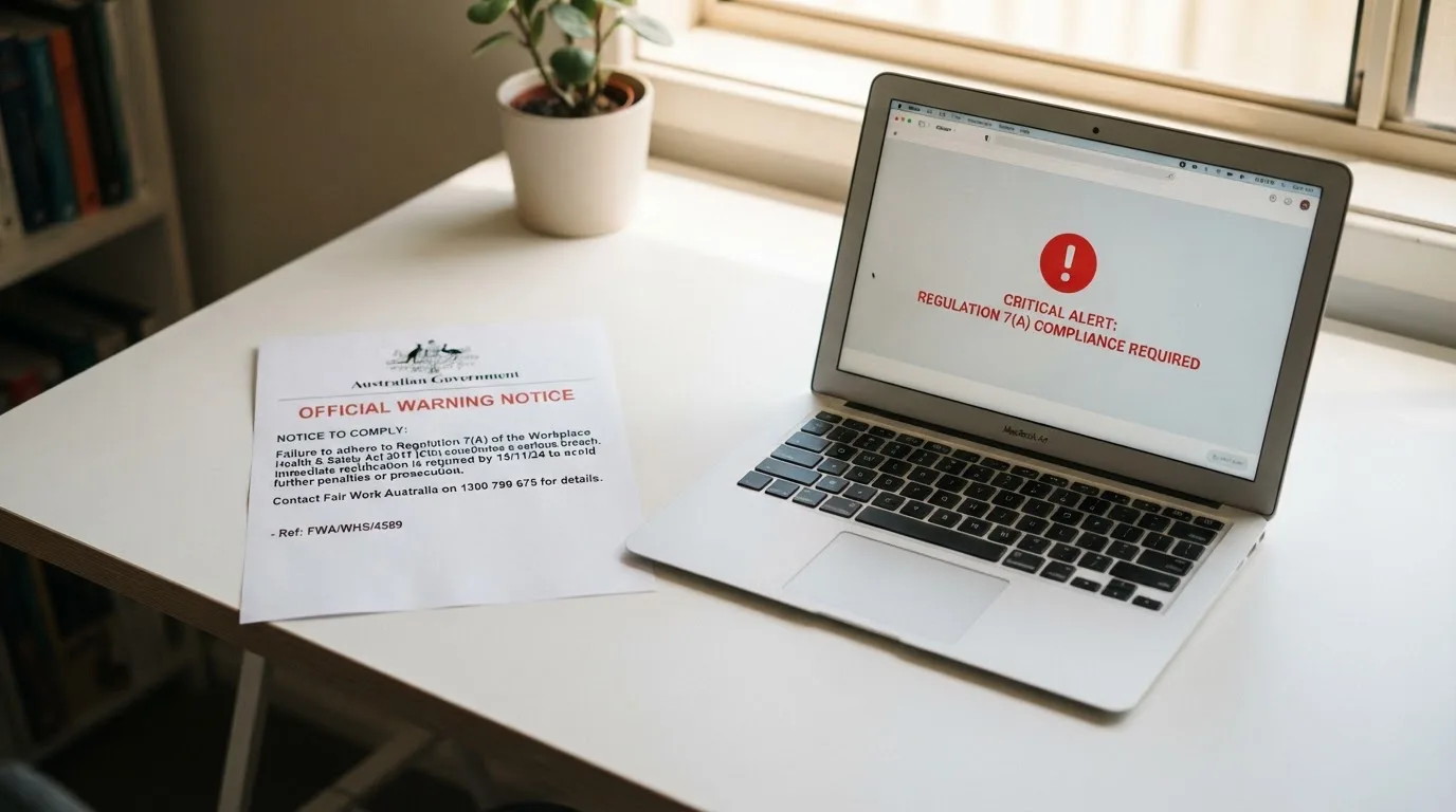A printed government warning notice on a desk beside a laptop with a red alert icon on the screen.