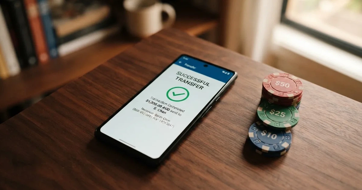 A phone displaying a bank transfer confirmation screen next to a stack of Australian dollar notes.