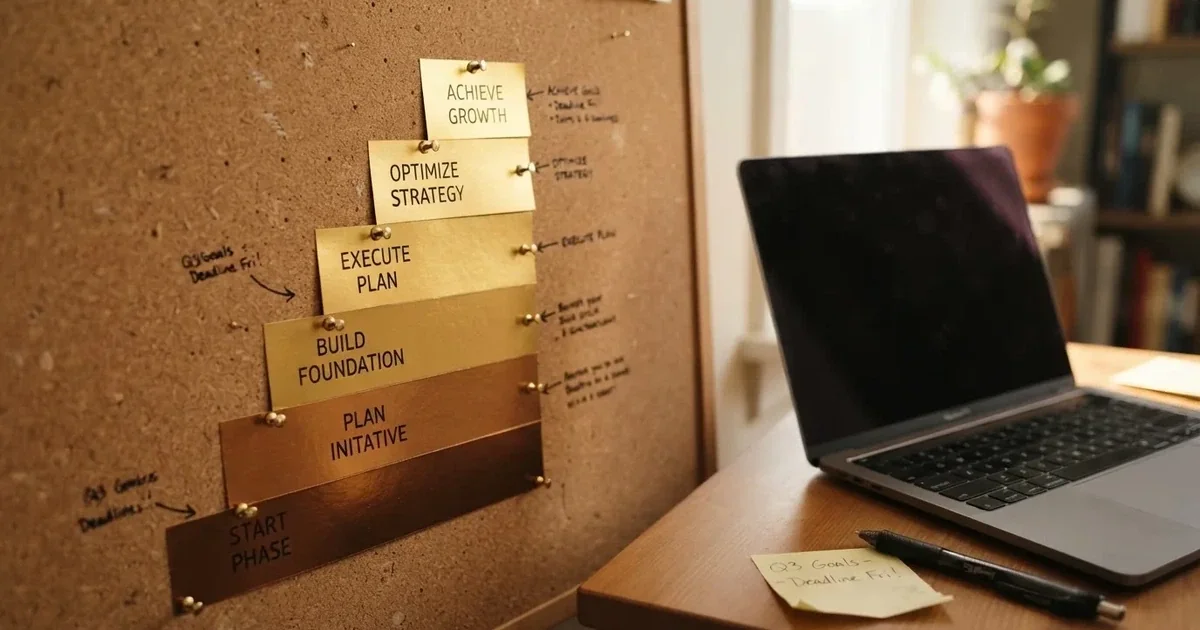A gold-coloured tier chart pinned to a corkboard next to a laptop keyboard.