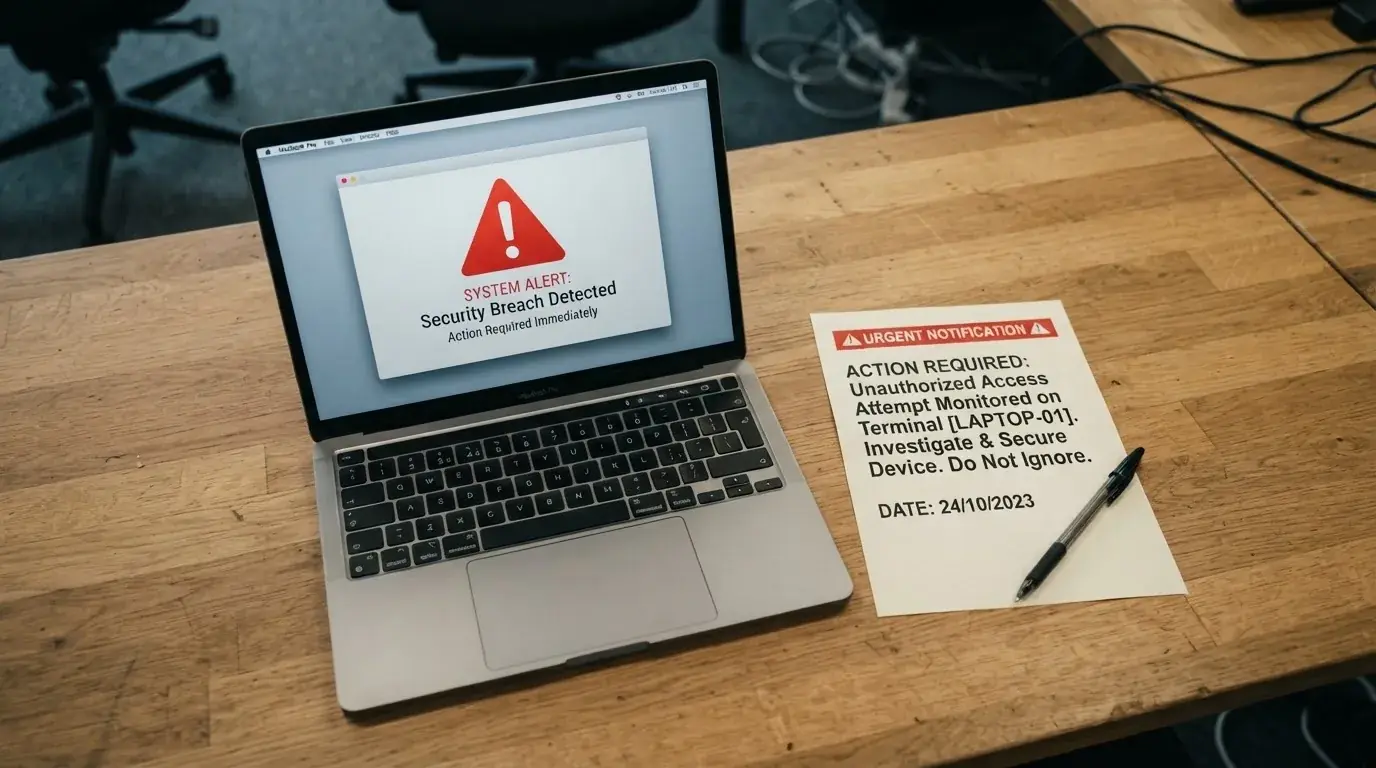 A printed government warning notice on a desk beside a laptop with a red alert icon on the screen.