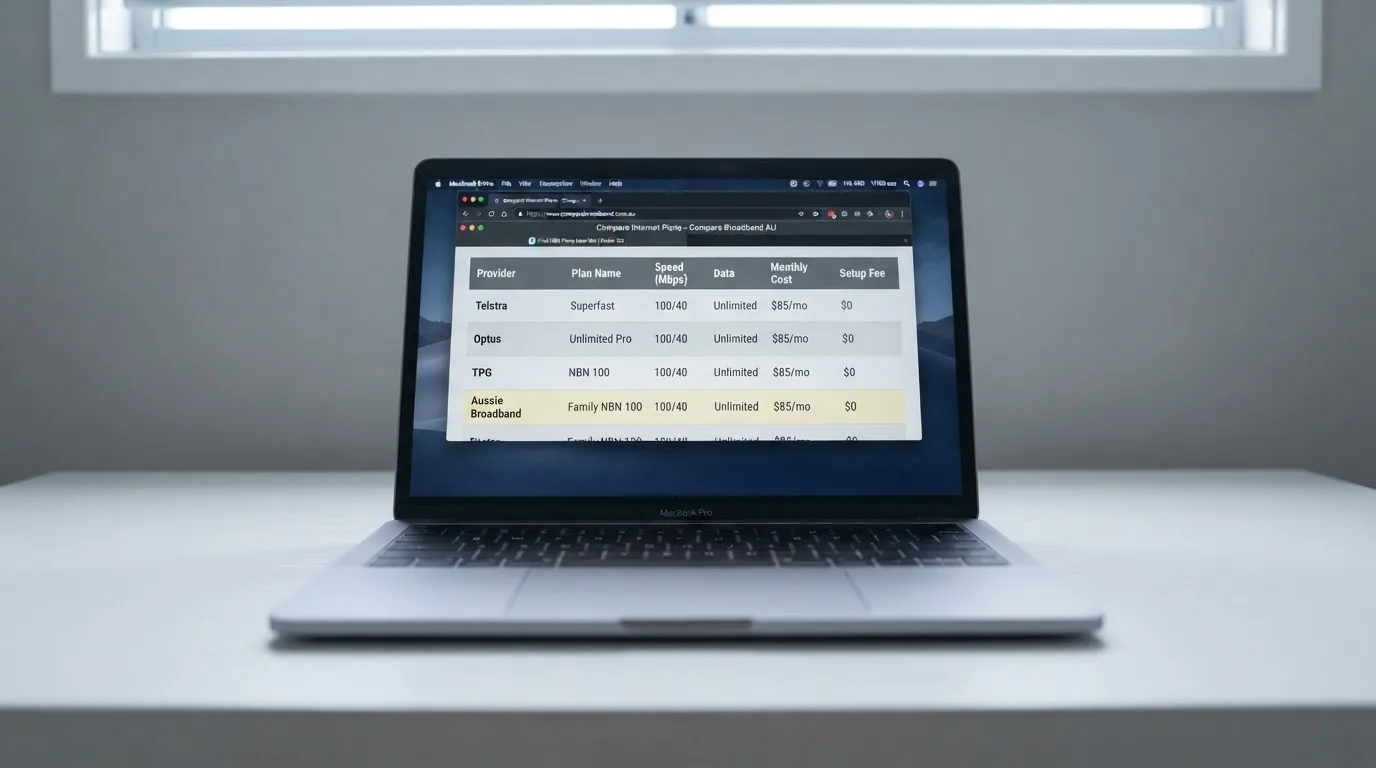 A laptop screen split between two browser tabs, one showing a comparison table and the other a search results page.