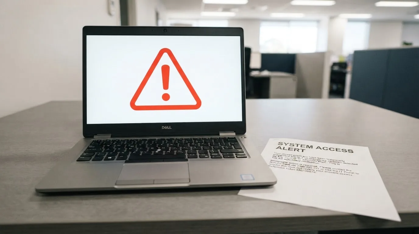 A printed government warning notice on a desk beside a laptop with a red alert icon on the screen.