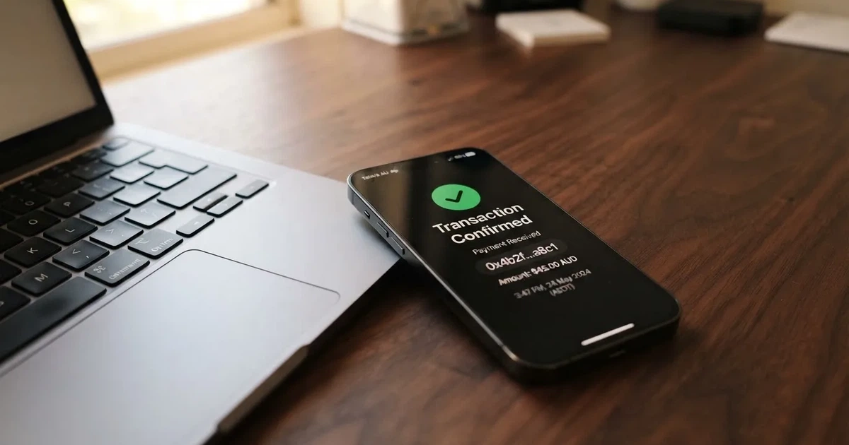 A phone displaying a blockchain transaction confirmation screen next to a laptop keyboard.