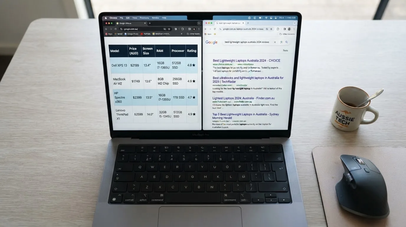 A laptop screen split between two browser tabs, one showing a comparison table and the other a search results page.