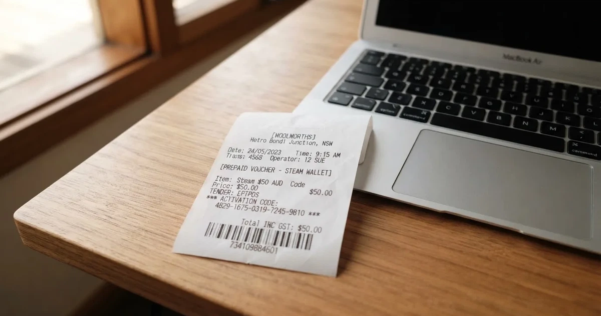 A printed prepaid voucher receipt lying beside a laptop keyboard.