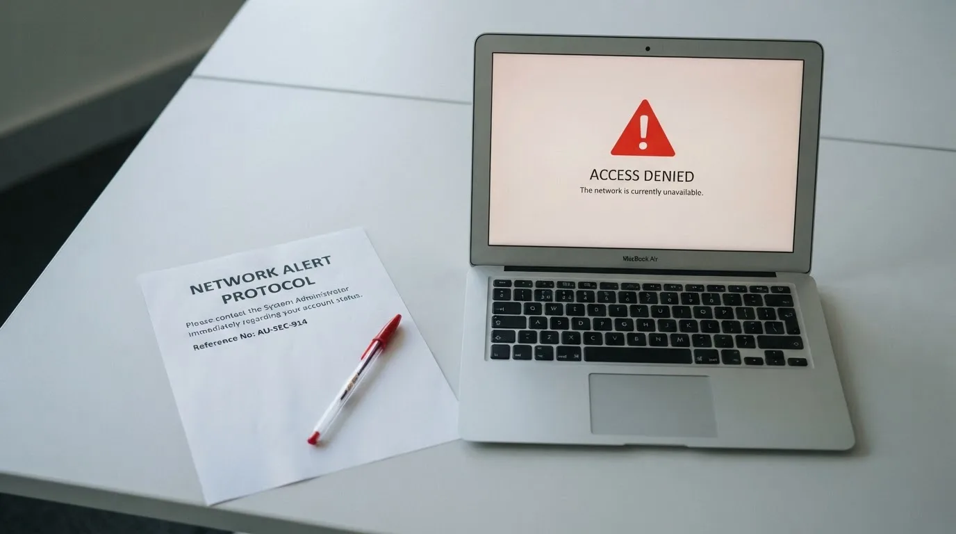 A printed government warning notice on a desk beside a laptop with a red alert icon on the screen.