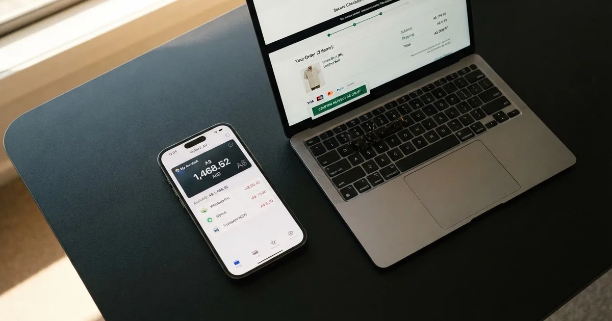 A smartphone screen showing a digital wallet balance next to a laptop cashier page.