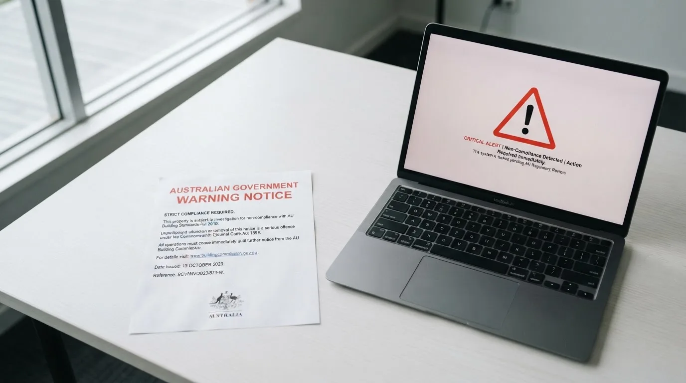 A printed government warning notice on a desk beside a laptop with a red alert icon on the screen.