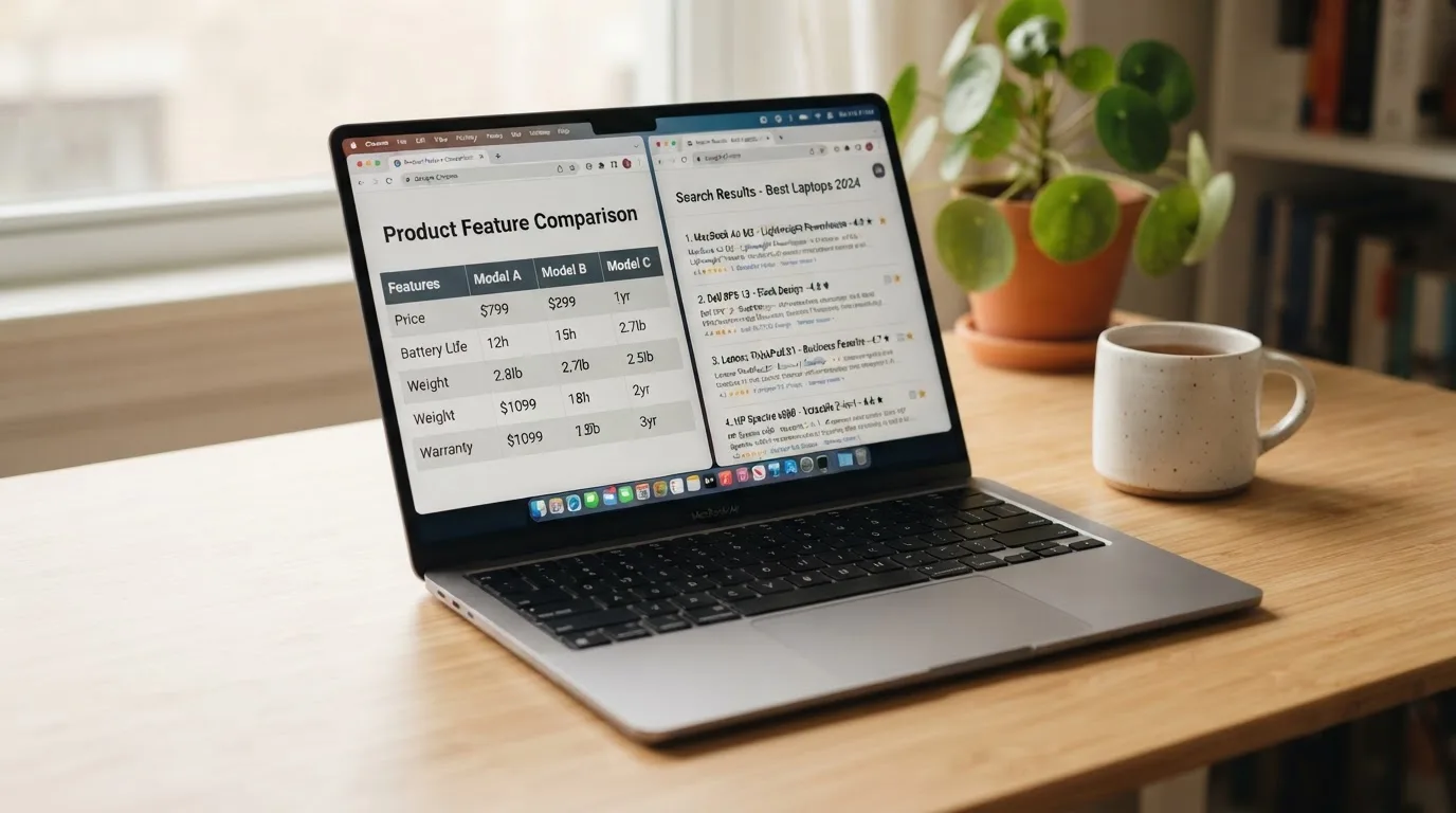 A laptop screen split between two browser tabs, one showing a comparison table and the other a search results page.