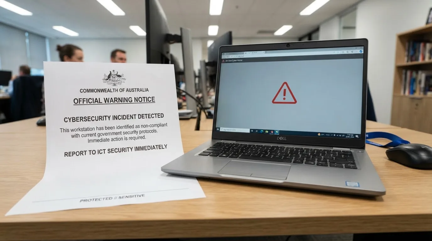 A printed government warning notice on a desk beside a laptop with a red alert icon on the screen.