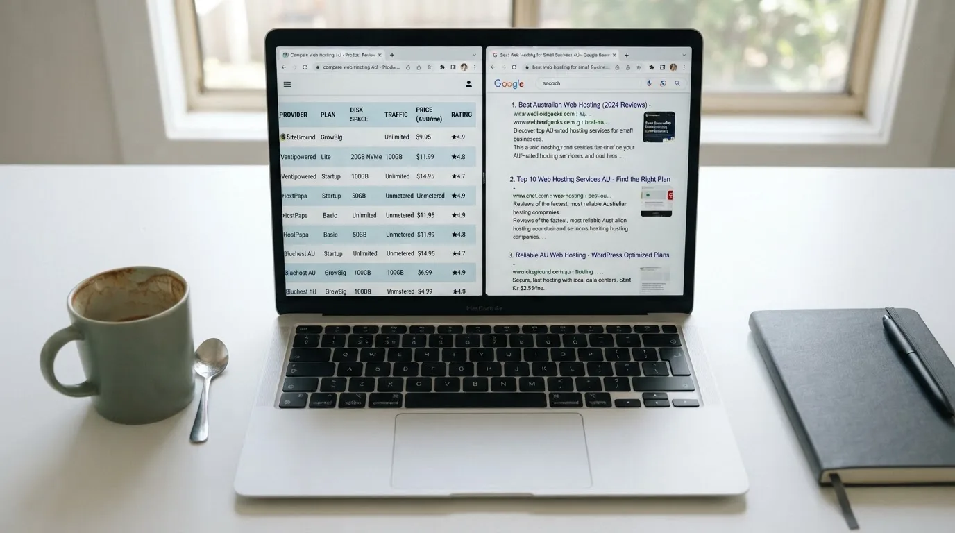 A laptop screen split between two browser tabs, one showing a comparison table and the other a search results page.