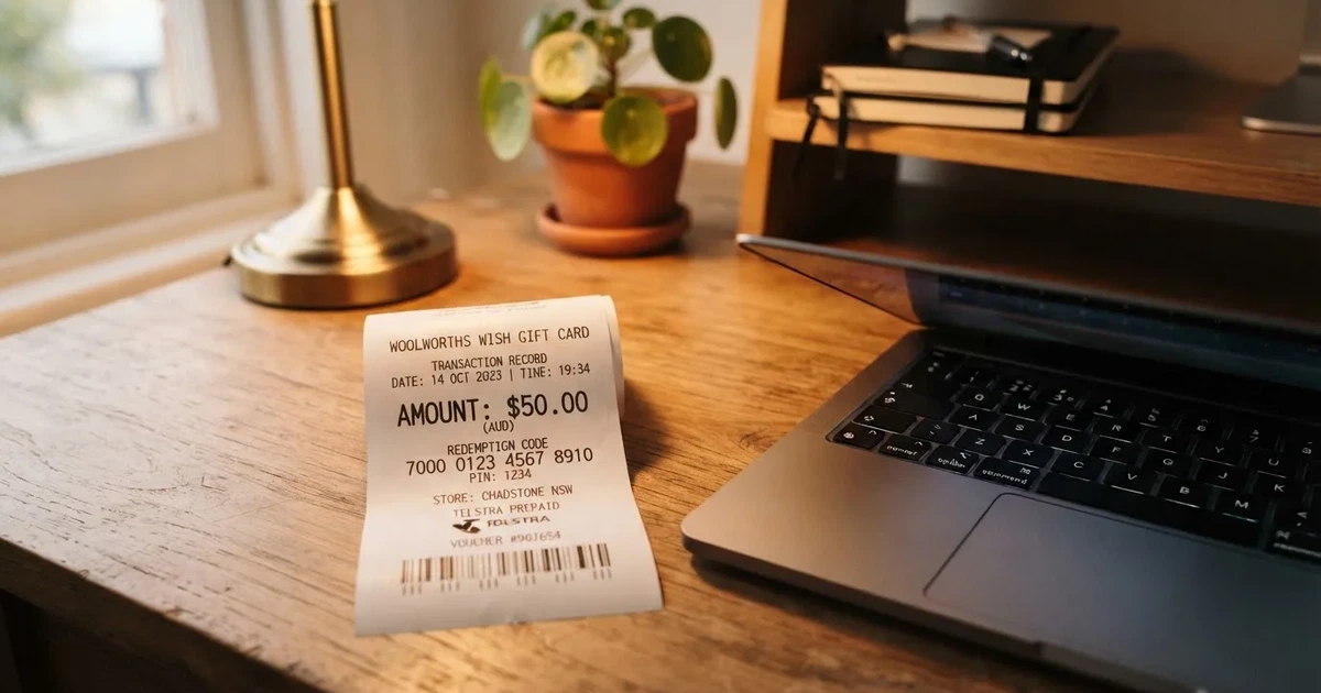 A printed prepaid voucher receipt lying beside a laptop keyboard.