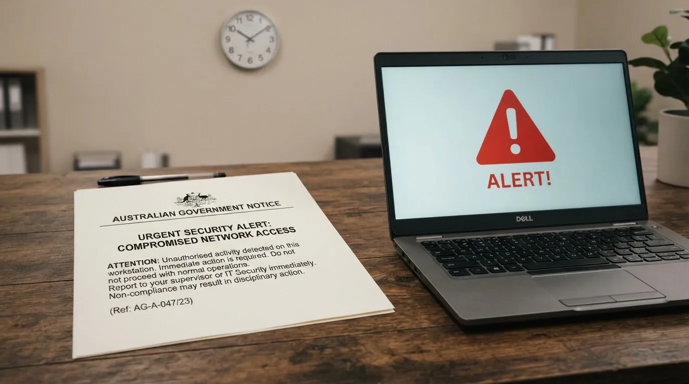 A printed government warning notice on a desk beside a laptop with a red alert icon on the screen.