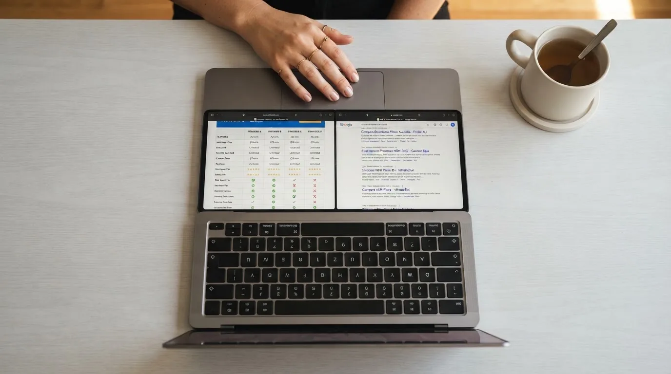 A laptop screen split between two browser tabs, one showing a comparison table and the other a search results page.