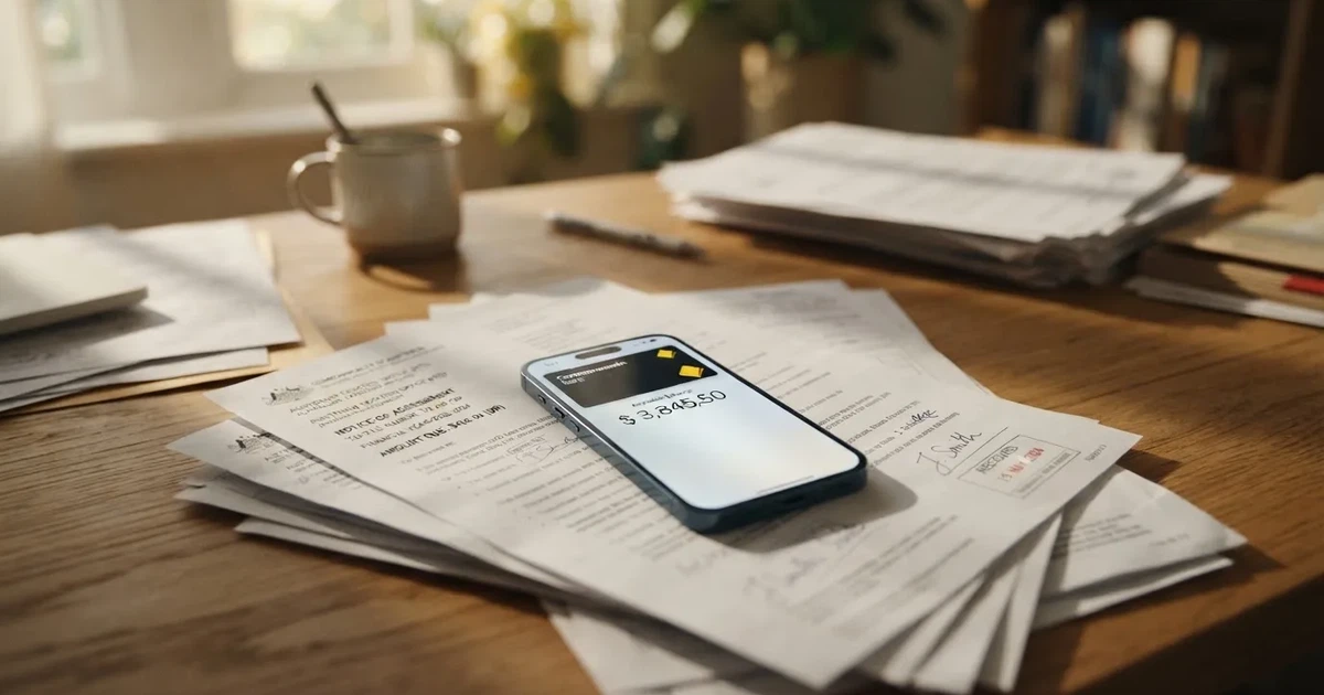 A phone showing a digital wallet balance screen resting on a stack of paperwork.