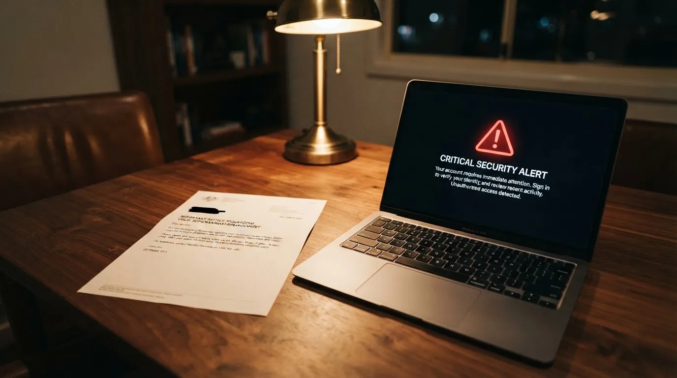 A printed government warning notice on a desk beside a laptop with a red alert icon on the screen.