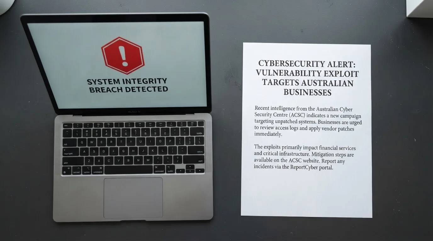 A printed government warning notice on a desk beside a laptop with a red alert icon on the screen.