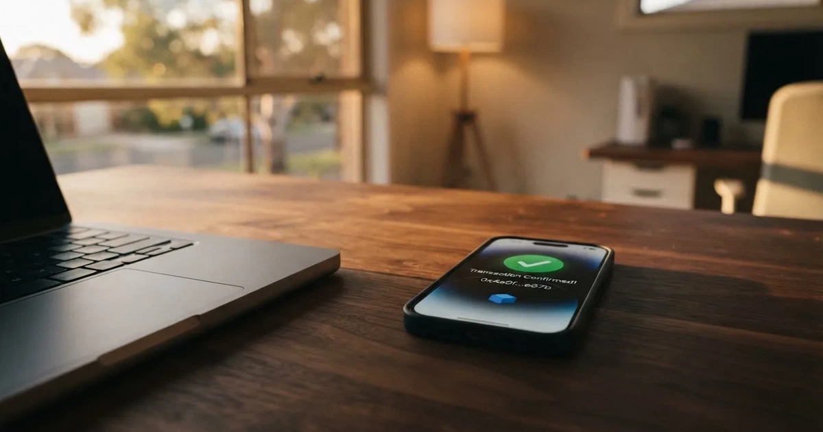A phone displaying a blockchain transaction confirmation screen next to a laptop keyboard.
