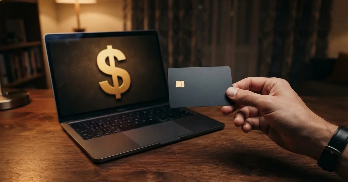 A hand holding a bank card next to a laptop showing an online payment form.