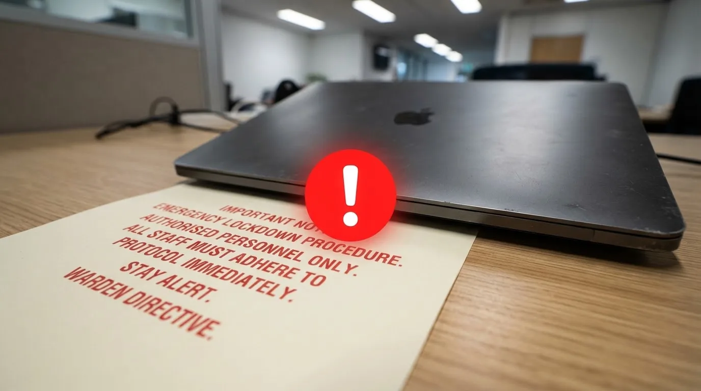 A printed government warning notice on a desk beside a laptop with a red alert icon on the screen.