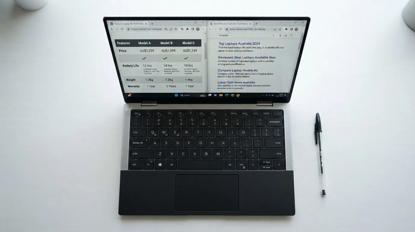 A laptop screen split between two browser tabs, one showing a comparison table and the other a search results page.