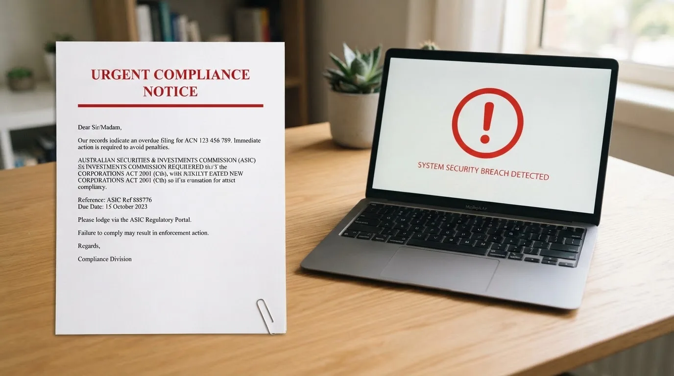 A printed government warning notice on a desk beside a laptop with a red alert icon on the screen.