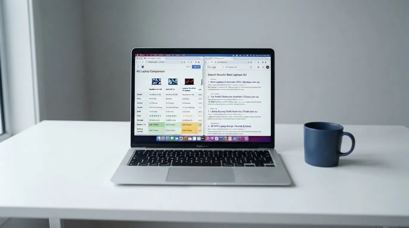 A laptop screen split between two browser tabs, one showing a comparison table and the other a search results page.