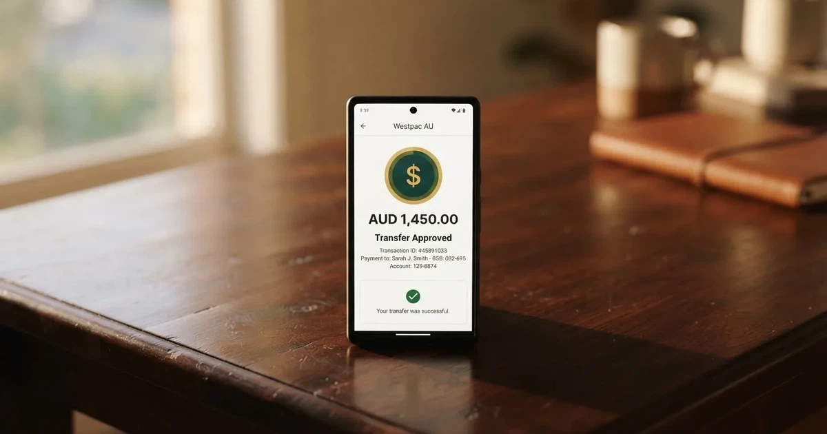 A phone displaying a bank transfer confirmation screen next to a stack of Australian dollar notes.