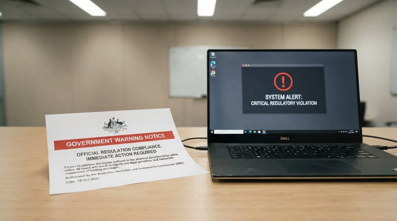 A printed government warning notice on a desk beside a laptop with a red alert icon on the screen.