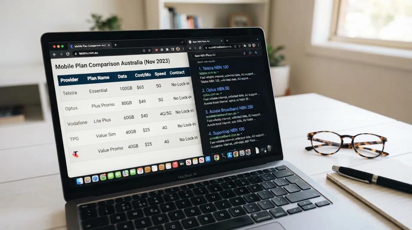 A laptop screen split between two browser tabs, one showing a comparison table and the other a search results page.
