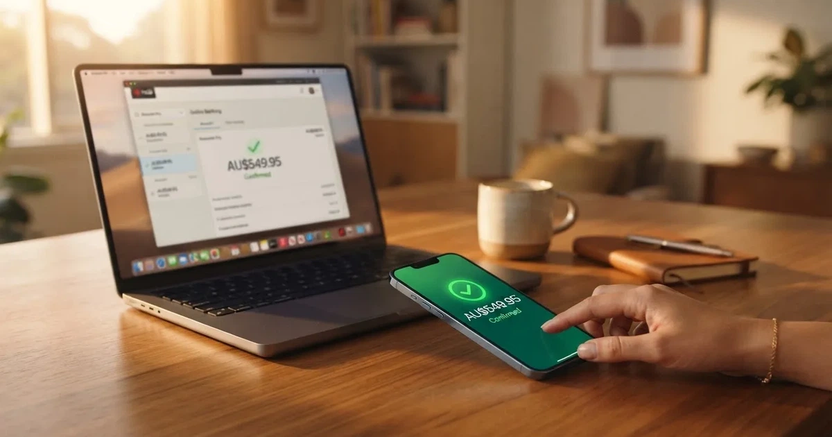 A phone showing a PayID-style bank transfer confirmation next to a laptop.