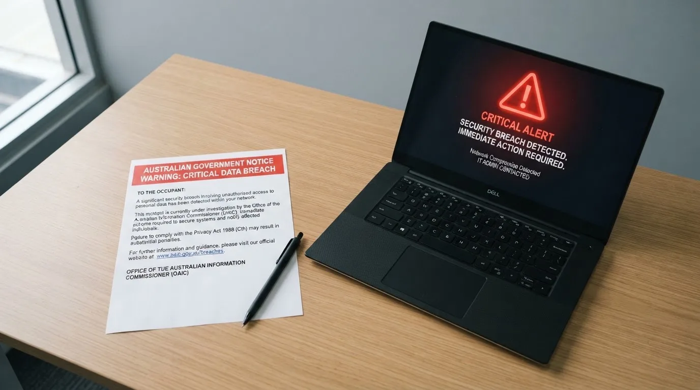 A printed government warning notice on a desk beside a laptop with a red alert icon on the screen.