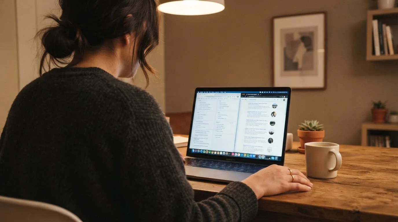 A laptop screen split between two browser tabs, one showing a comparison table and the other a search results page.