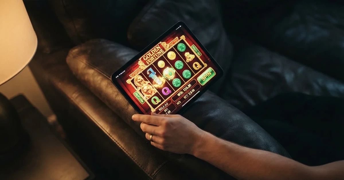 A hand holding a tablet with a touchscreen keypad displayed, resting on a couch armrest.