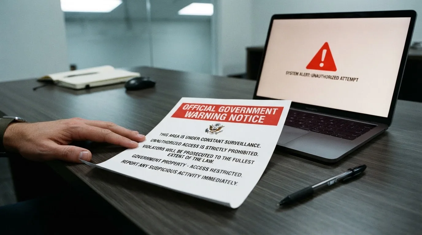 A printed government warning notice on a desk beside a laptop with a red alert icon on the screen.