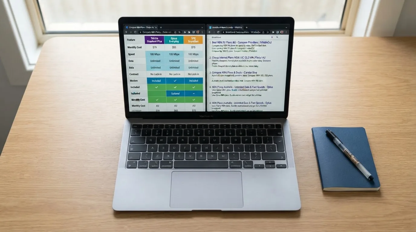 A laptop screen split between two browser tabs, one showing a comparison table and the other a search results page.