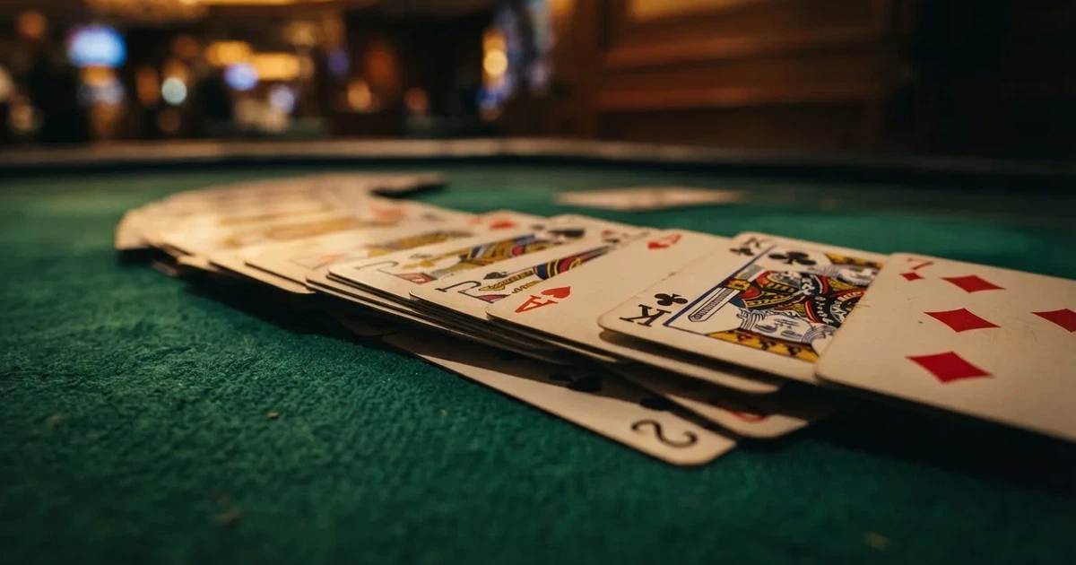 A close-up of a shuffled deck of playing cards fanned out on a green felt table.