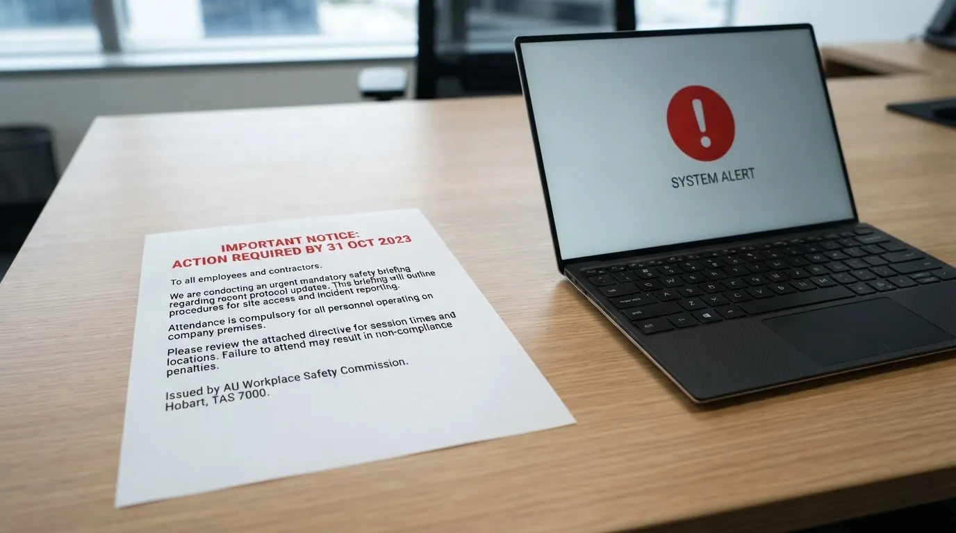 A printed government warning notice on a desk beside a laptop with a red alert icon on the screen.