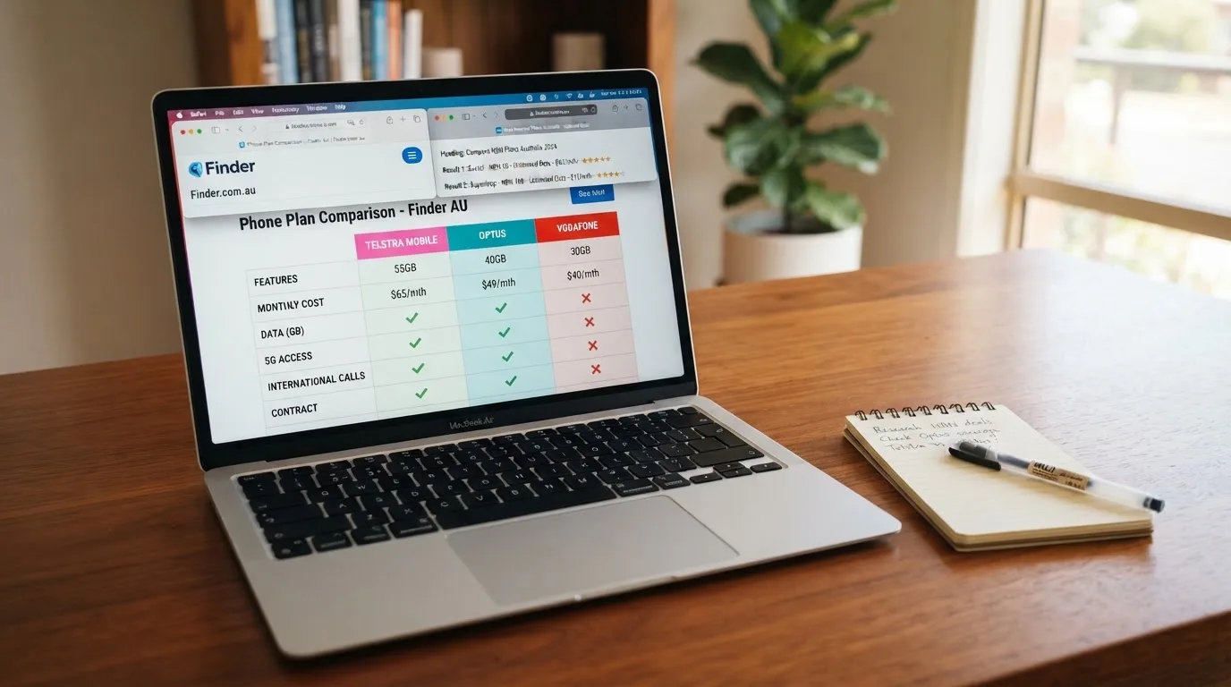 A laptop screen split between two browser tabs, one showing a comparison table and the other a search results page.