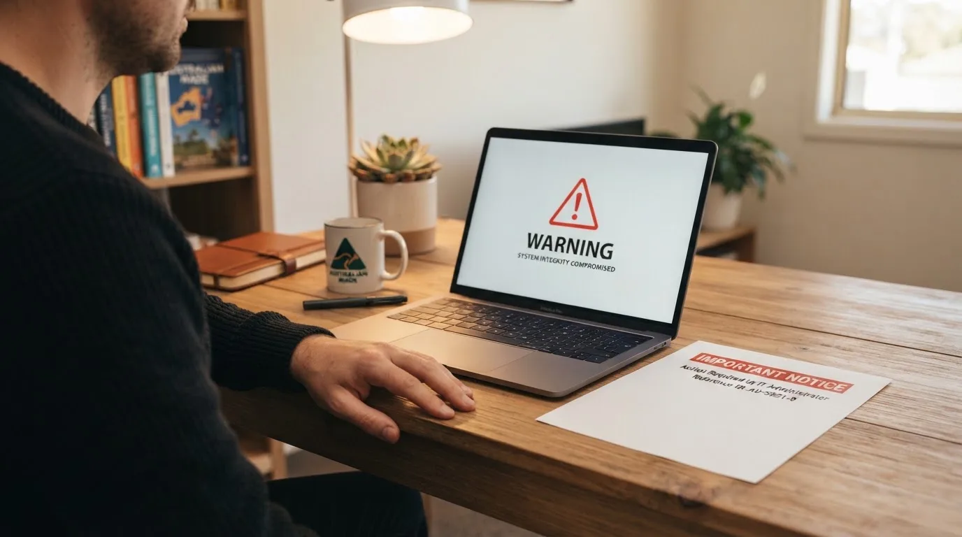 A printed government warning notice on a desk beside a laptop with a red alert icon on the screen.
