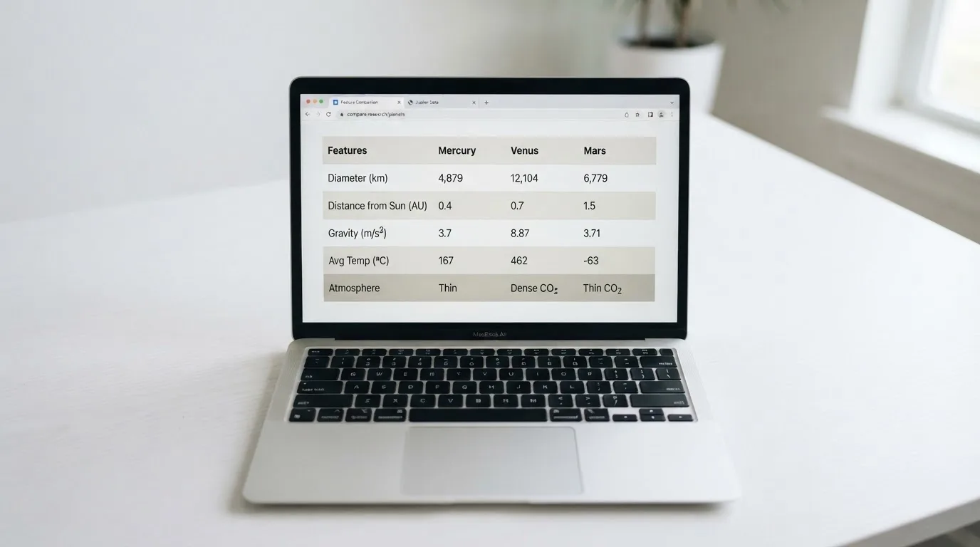 A laptop screen split between two browser tabs, one showing a comparison table and the other a search results page.