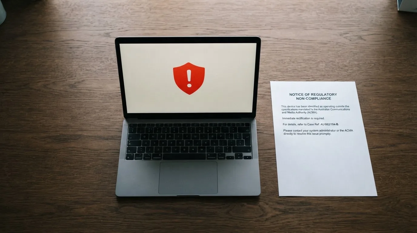 A printed government warning notice on a desk beside a laptop with a red alert icon on the screen.