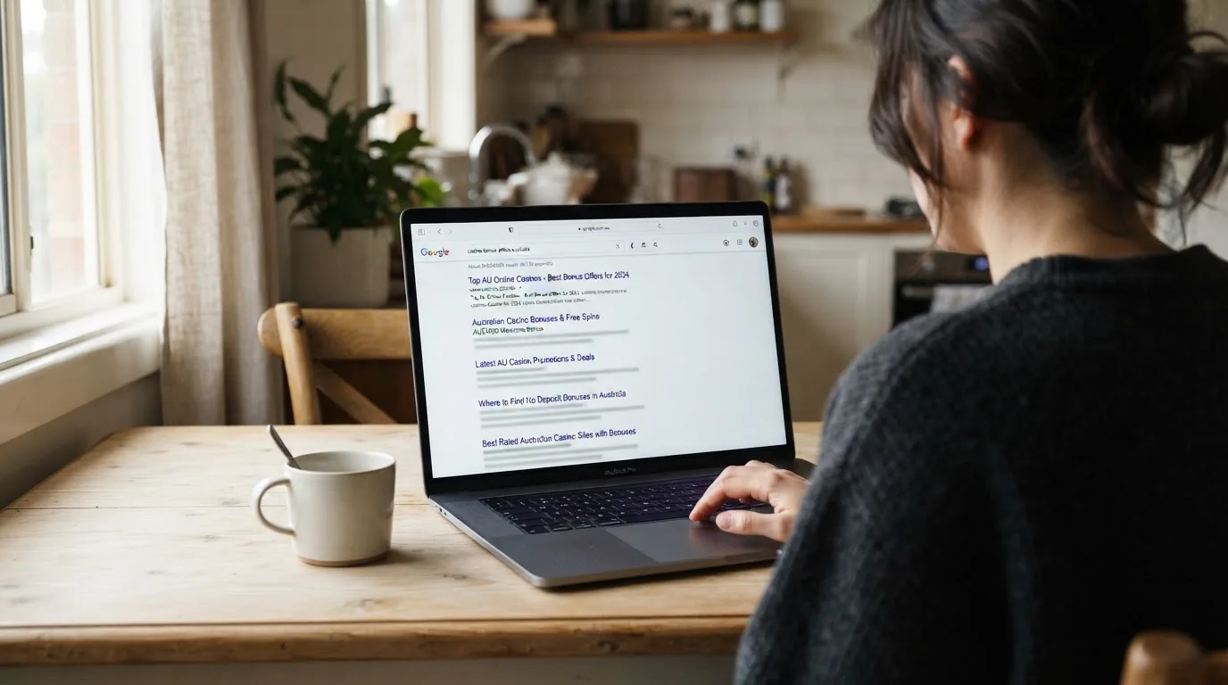 A person sits at a kitchen table, scrolling a laptop showing a general search results page about casino bonus offers.