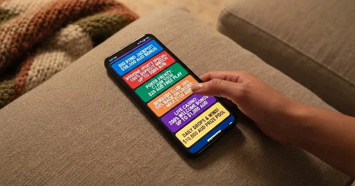 A phone screen shows a list of promotional bonus tiles as someone scrolls with one thumb on a couch in the evening.