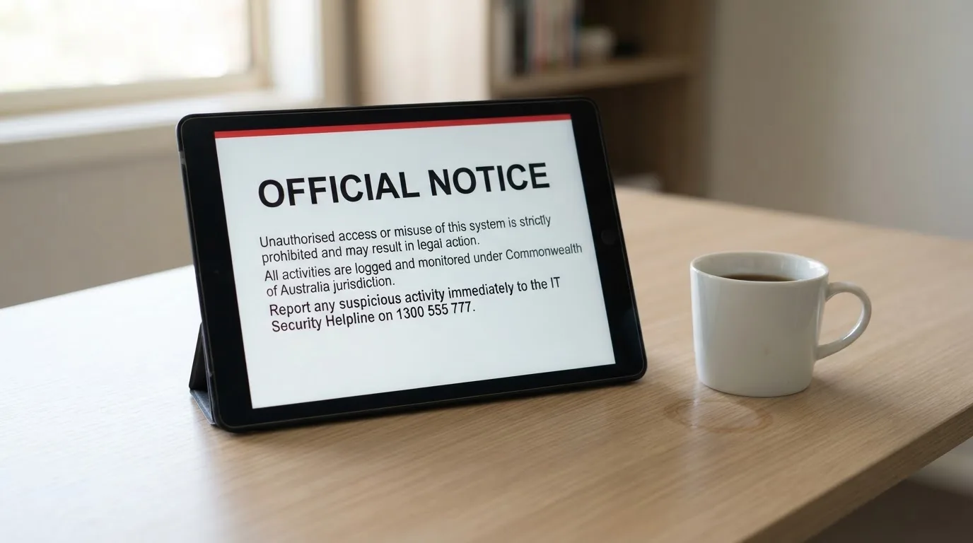 A tablet on a desk displays a plain government-style warning notice page, with a coffee cup beside it.