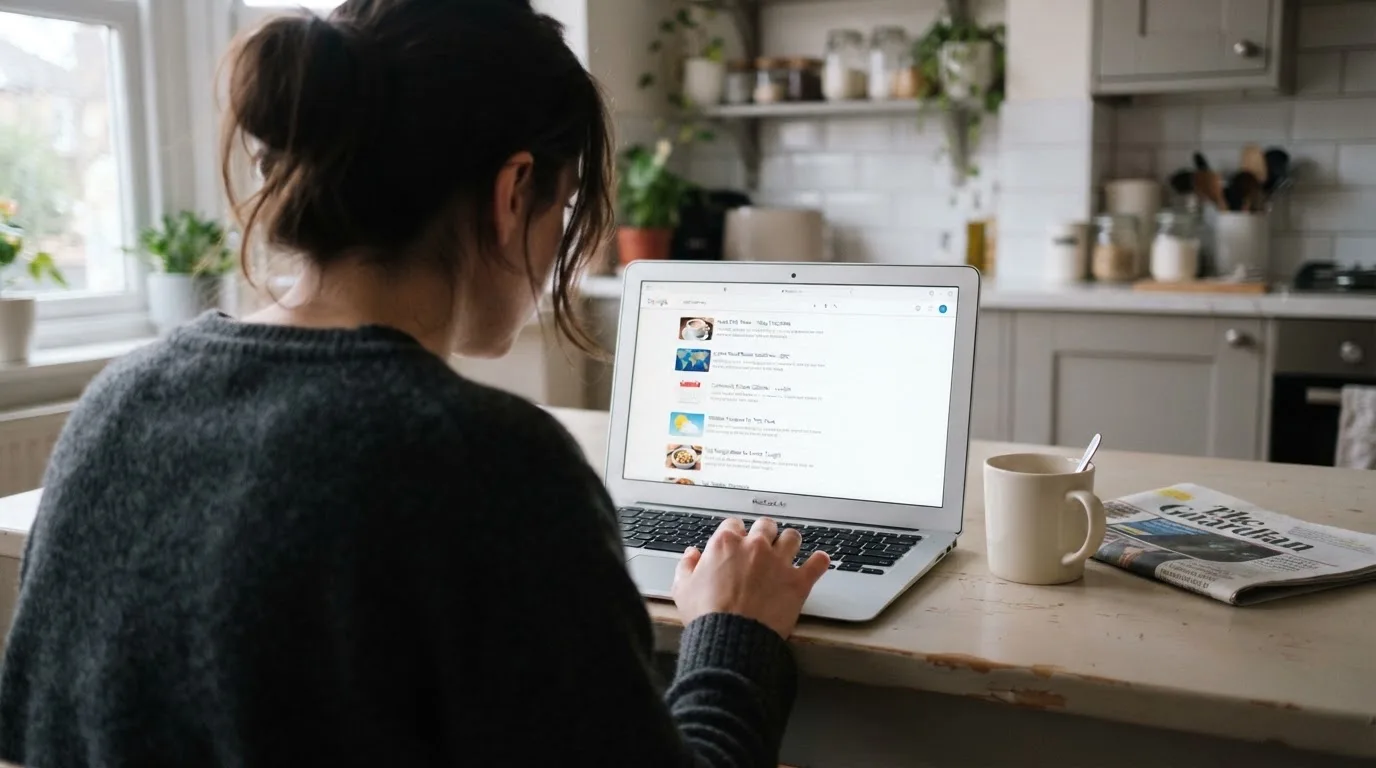 A person sits at a kitchen table, scrolling a laptop showing a general search results page about new casino sites.