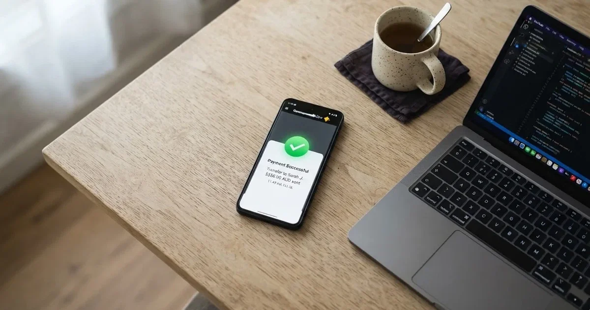 Close-up of a smartphone banking app open beside a laptop on a home desk, mid-transfer.